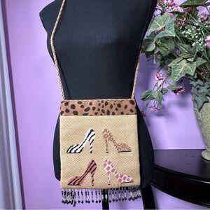 Hand-stitched ANIMAL PRINT Fringe Crossbody Bag Needlepointed HIGH HEELS Design